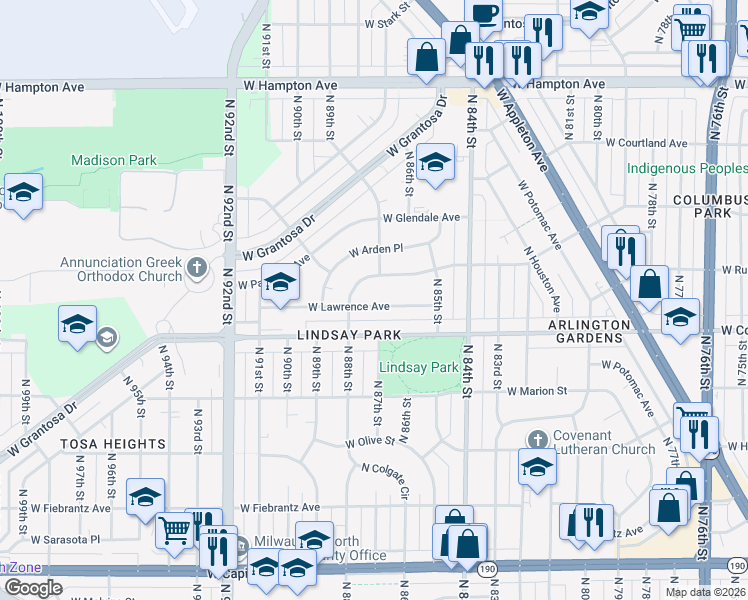 map of restaurants, bars, coffee shops, grocery stores, and more near 8700 West Lawrence Avenue in Milwaukee
