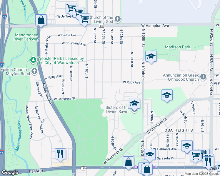 map of restaurants, bars, coffee shops, grocery stores, and more near 4455 North 104th Street in Wauwatosa