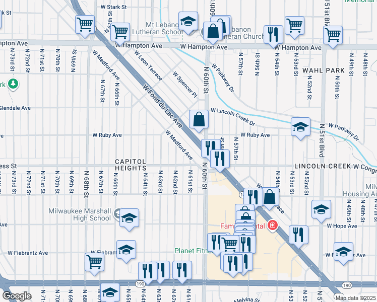 map of restaurants, bars, coffee shops, grocery stores, and more near 6116 West Medford Avenue in Milwaukee
