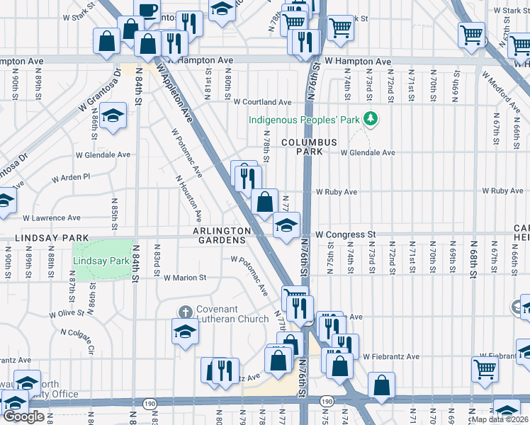 map of restaurants, bars, coffee shops, grocery stores, and more near 7727 West Beckett Avenue in Milwaukee