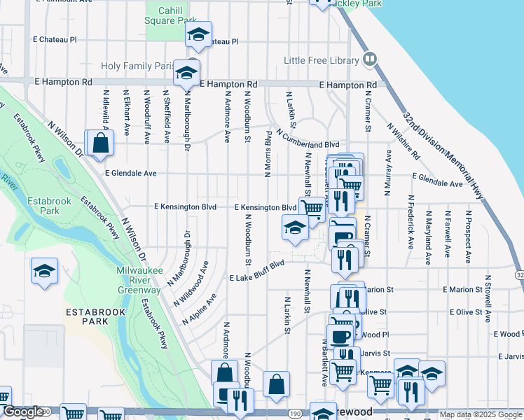 map of restaurants, bars, coffee shops, grocery stores, and more near 4485 North Morris Boulevard in Shorewood