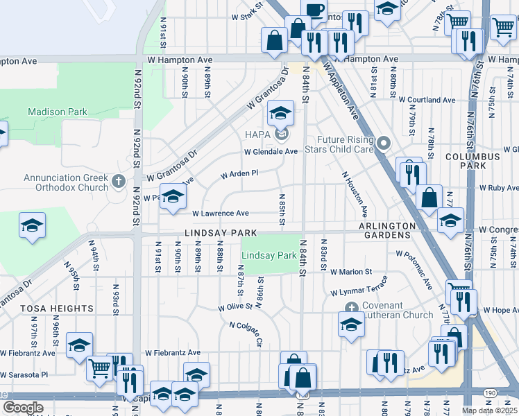 map of restaurants, bars, coffee shops, grocery stores, and more near 8600 West Lawrence Avenue in Milwaukee
