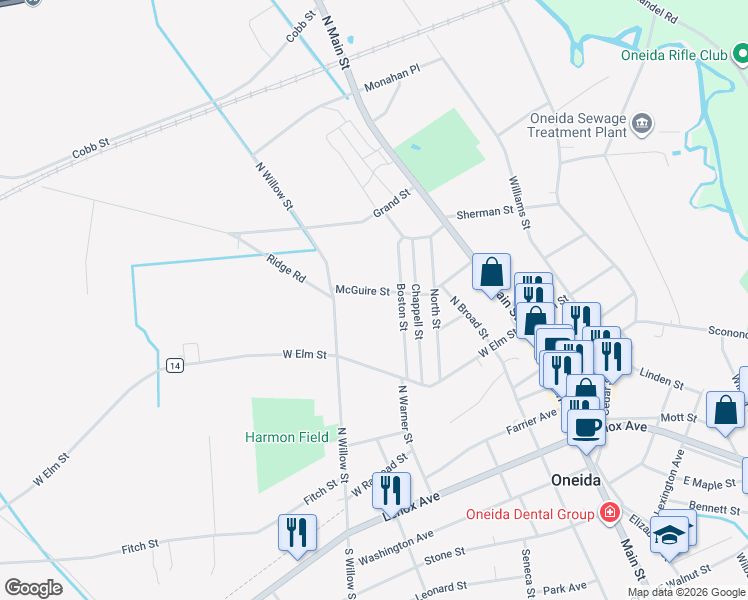 map of restaurants, bars, coffee shops, grocery stores, and more near 415 McGuire St in Oneida