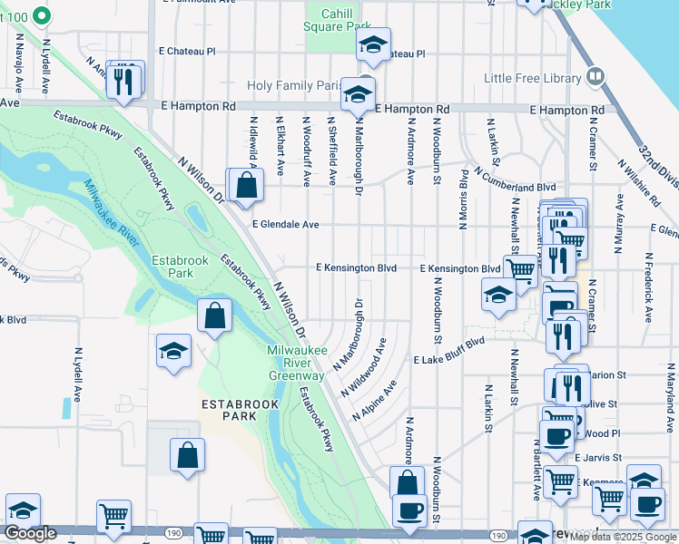 map of restaurants, bars, coffee shops, grocery stores, and more near 4451 North Sheffield Avenue in Milwaukee