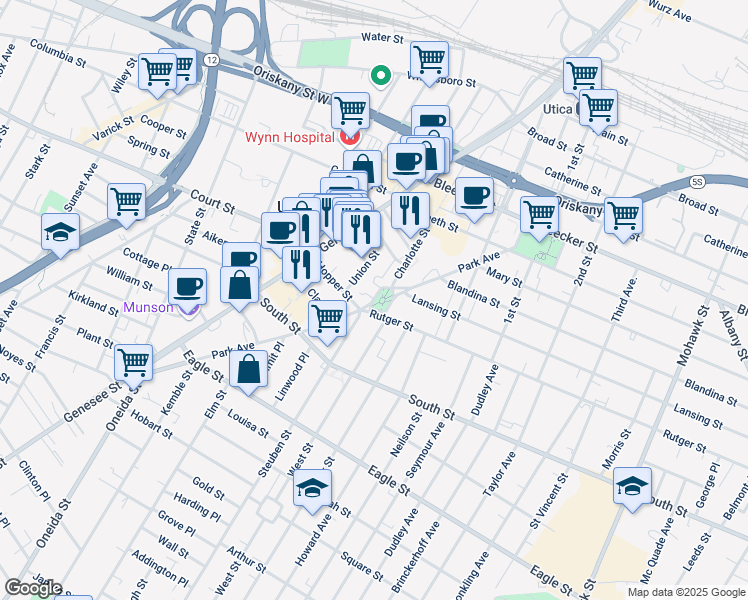 map of restaurants, bars, coffee shops, grocery stores, and more near 22 Steuben Park in Utica