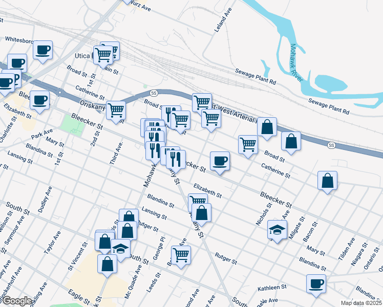 map of restaurants, bars, coffee shops, grocery stores, and more near 404 Hubbell Street in Utica