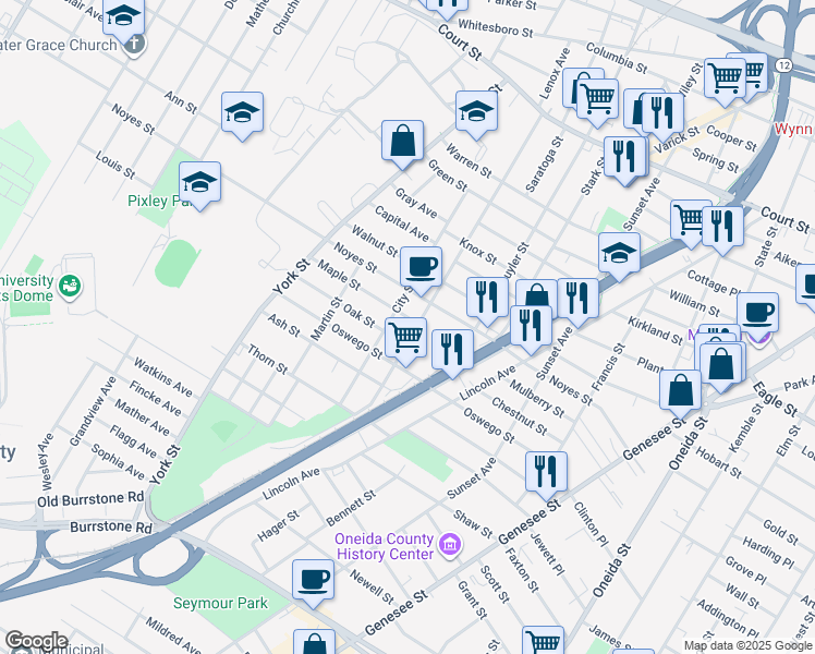 map of restaurants, bars, coffee shops, grocery stores, and more near 1416 Lenox Ave in Utica