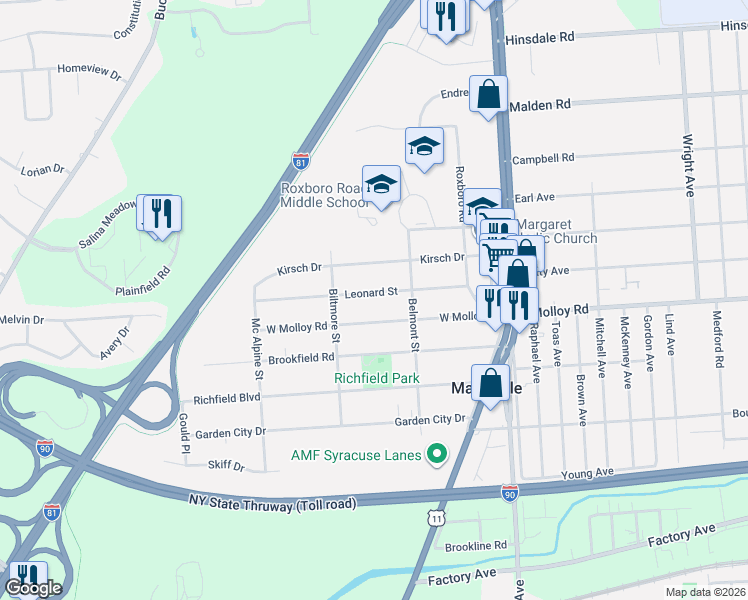 map of restaurants, bars, coffee shops, grocery stores, and more near 223 Leonard Street in Syracuse