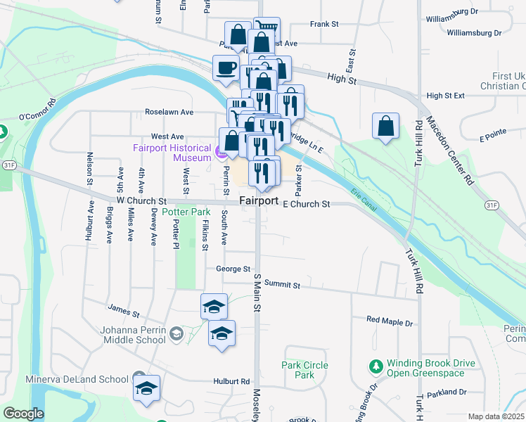 map of restaurants, bars, coffee shops, grocery stores, and more near in Fairport
