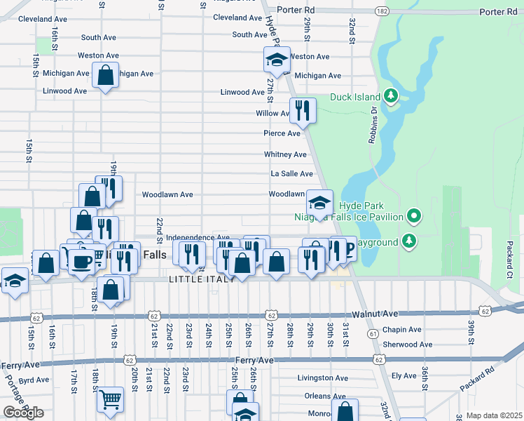 map of restaurants, bars, coffee shops, grocery stores, and more near 2482 Forest Avenue in Niagara Falls