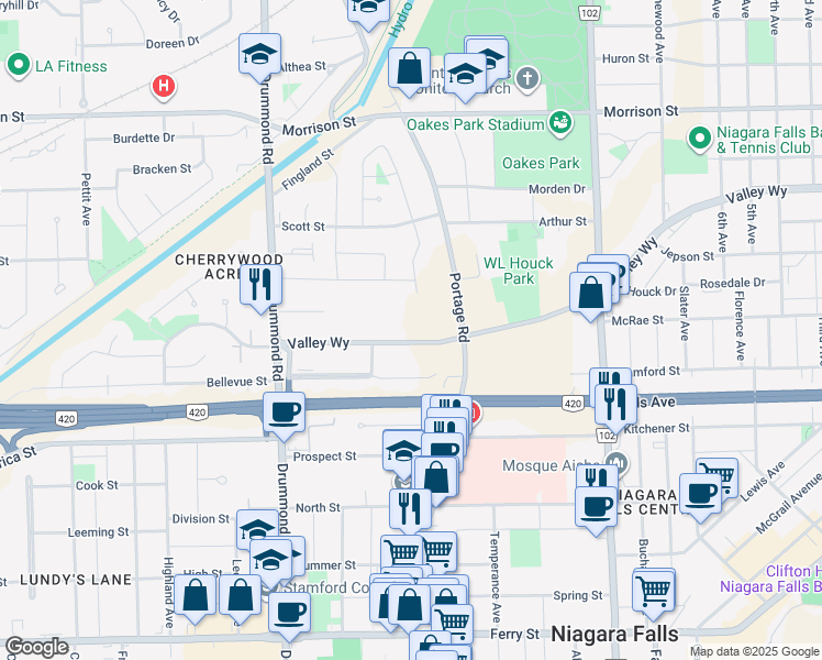 map of restaurants, bars, coffee shops, grocery stores, and more near 6009 Valley Way in Niagara Falls