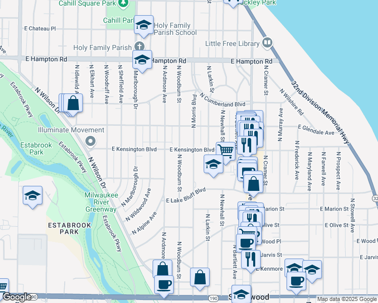 map of restaurants, bars, coffee shops, grocery stores, and more near 4485 North Morris Boulevard in Shorewood