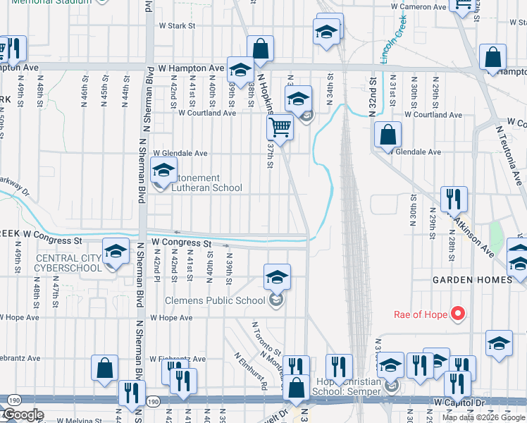 map of restaurants, bars, coffee shops, grocery stores, and more near 4438 North 38th Street in Milwaukee