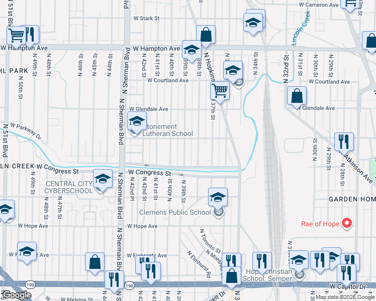 map of restaurants, bars, coffee shops, grocery stores, and more near 4434 North 39th Street in Milwaukee