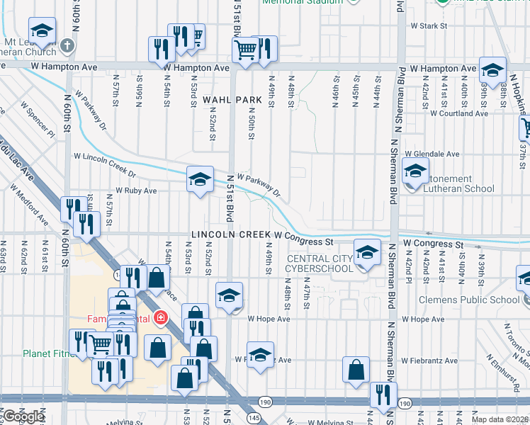 map of restaurants, bars, coffee shops, grocery stores, and more near 4439 North 49th Street in Milwaukee