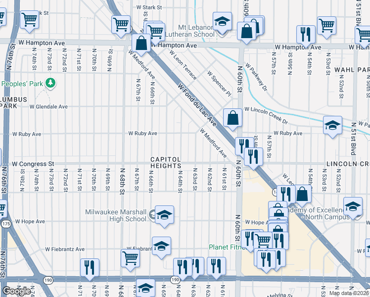 map of restaurants, bars, coffee shops, grocery stores, and more near 4430 North 64th Street in Milwaukee