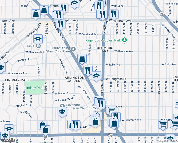 map of restaurants, bars, coffee shops, grocery stores, and more near 7727 West Beckett Avenue in Milwaukee