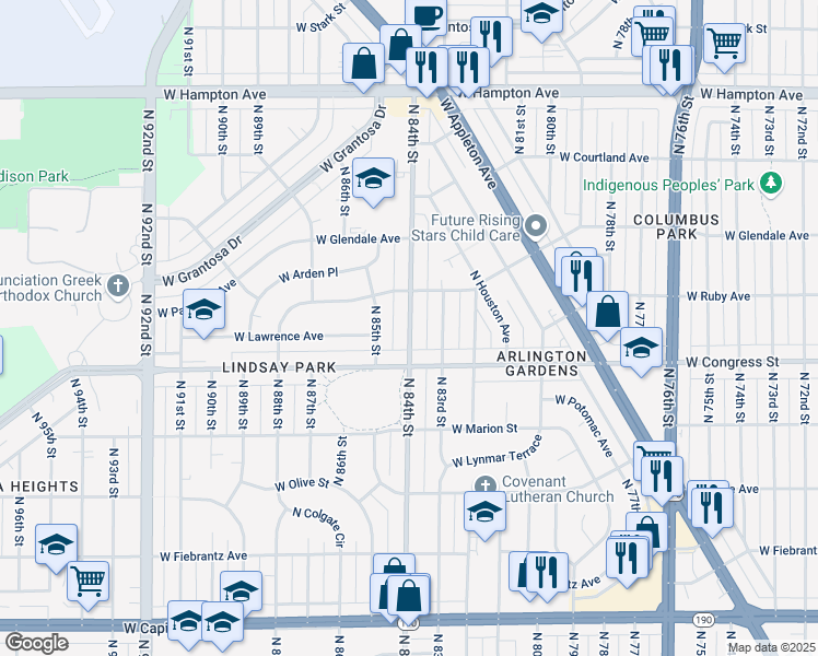 map of restaurants, bars, coffee shops, grocery stores, and more near 4434 North 84th Street in Milwaukee