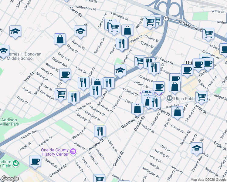 map of restaurants, bars, coffee shops, grocery stores, and more near 1247 Lincoln Avenue in Utica