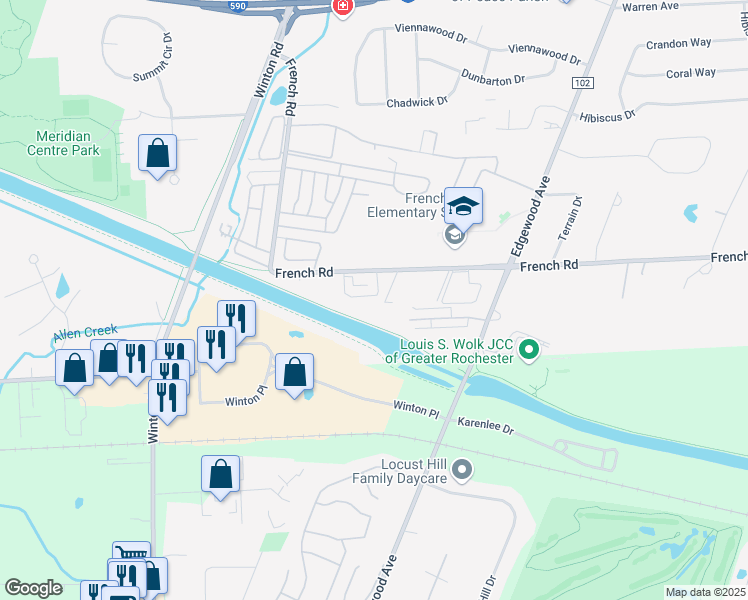map of restaurants, bars, coffee shops, grocery stores, and more near 607 French Road in Rochester