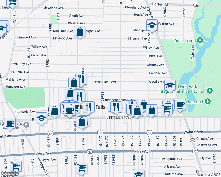 map of restaurants, bars, coffee shops, grocery stores, and more near 2226 Forest Avenue in Niagara Falls