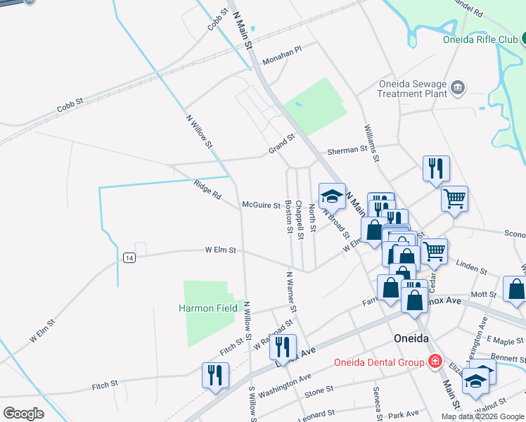 map of restaurants, bars, coffee shops, grocery stores, and more near 415 McGuire Street in Oneida