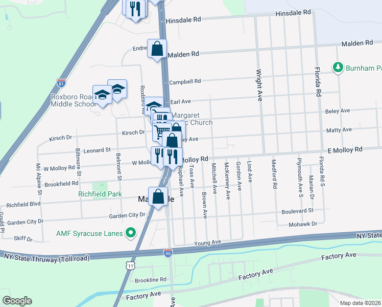 map of restaurants, bars, coffee shops, grocery stores, and more near 121 East Molloy Road in Syracuse
