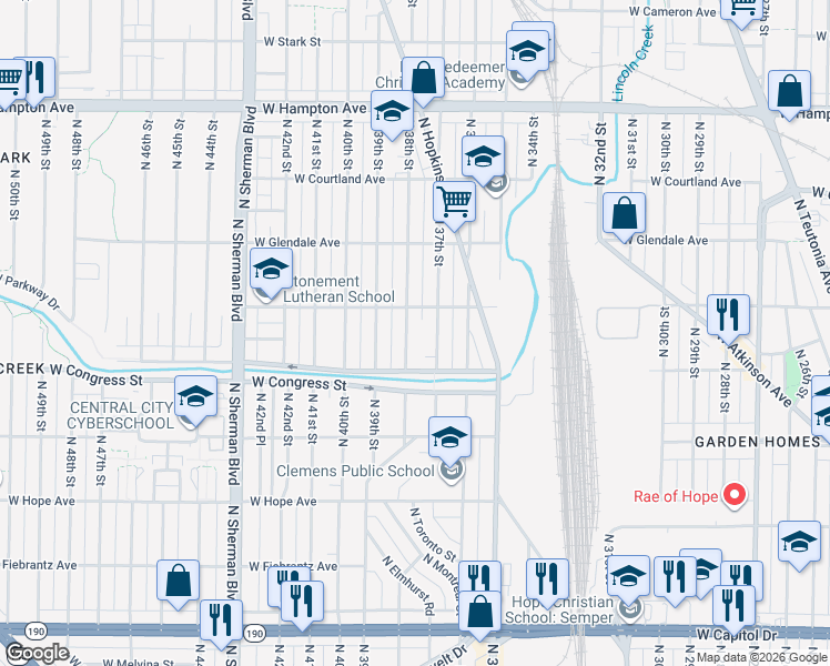 map of restaurants, bars, coffee shops, grocery stores, and more near 4438 North 38th Street in Milwaukee