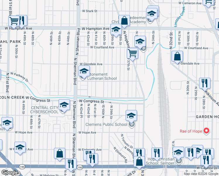 map of restaurants, bars, coffee shops, grocery stores, and more near 4434 North 39th Street in Milwaukee
