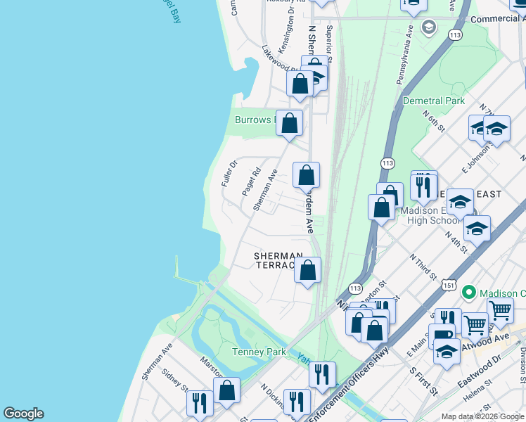 map of restaurants, bars, coffee shops, grocery stores, and more near 1911 Sherman Avenue in Madison