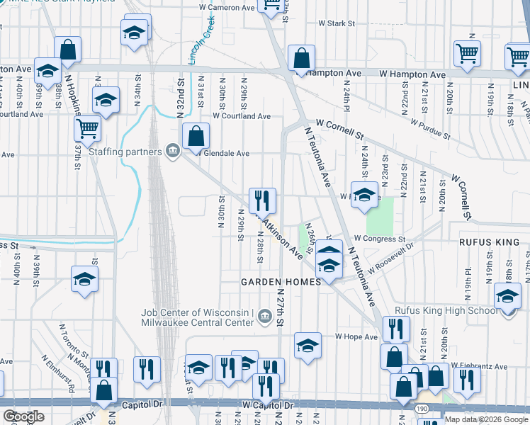 map of restaurants, bars, coffee shops, grocery stores, and more near 4444 North 28th Street in Milwaukee