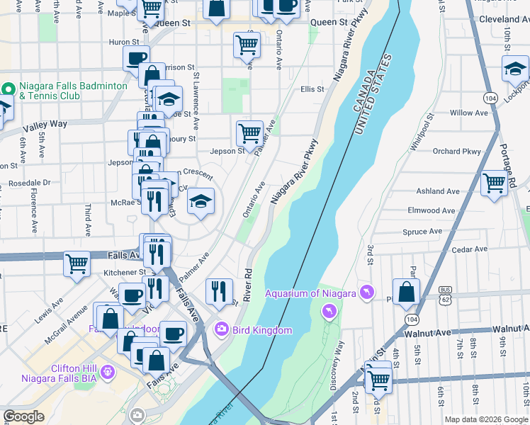 map of restaurants, bars, coffee shops, grocery stores, and more near in Niagara Falls