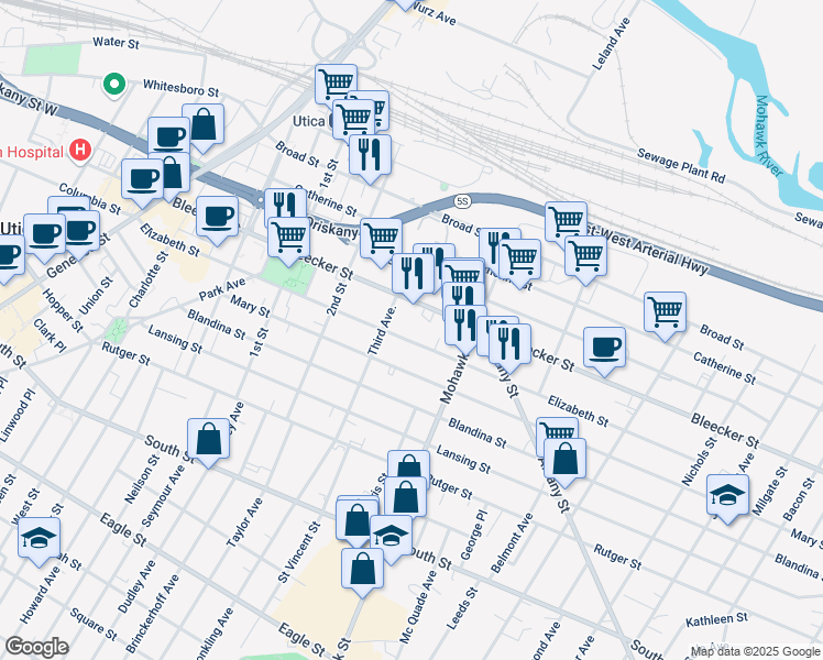 map of restaurants, bars, coffee shops, grocery stores, and more near 617 Elizabeth St in Utica