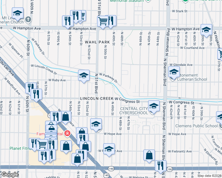 map of restaurants, bars, coffee shops, grocery stores, and more near 4439 North 49th Street in Milwaukee