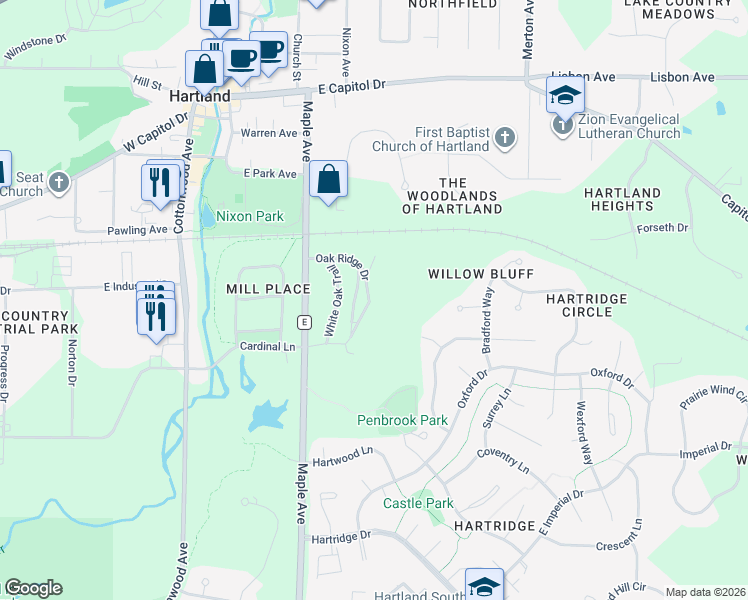 map of restaurants, bars, coffee shops, grocery stores, and more near 464 Oak Ridge Drive in Hartland
