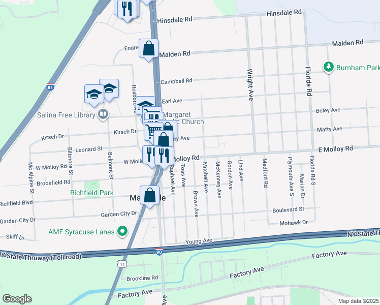 map of restaurants, bars, coffee shops, grocery stores, and more near 121 East Molloy Road in Syracuse