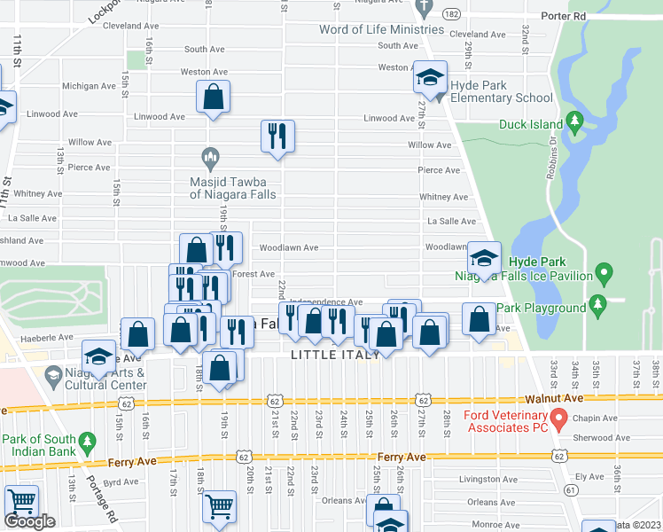 map of restaurants, bars, coffee shops, grocery stores, and more near 2260 Forest Avenue in Niagara Falls