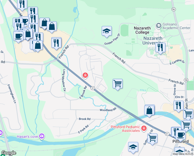 map of restaurants, bars, coffee shops, grocery stores, and more near 3650 Monroe Avenue in Pittsford