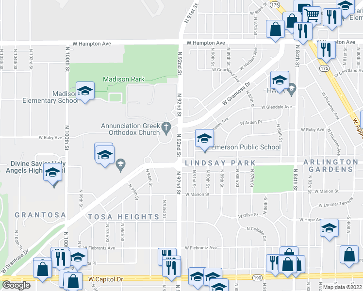 map of restaurants, bars, coffee shops, grocery stores, and more near 4462 N 92nd St in Milwaukee