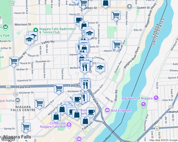 map of restaurants, bars, coffee shops, grocery stores, and more near 4756 Epworth Circle in Niagara Falls