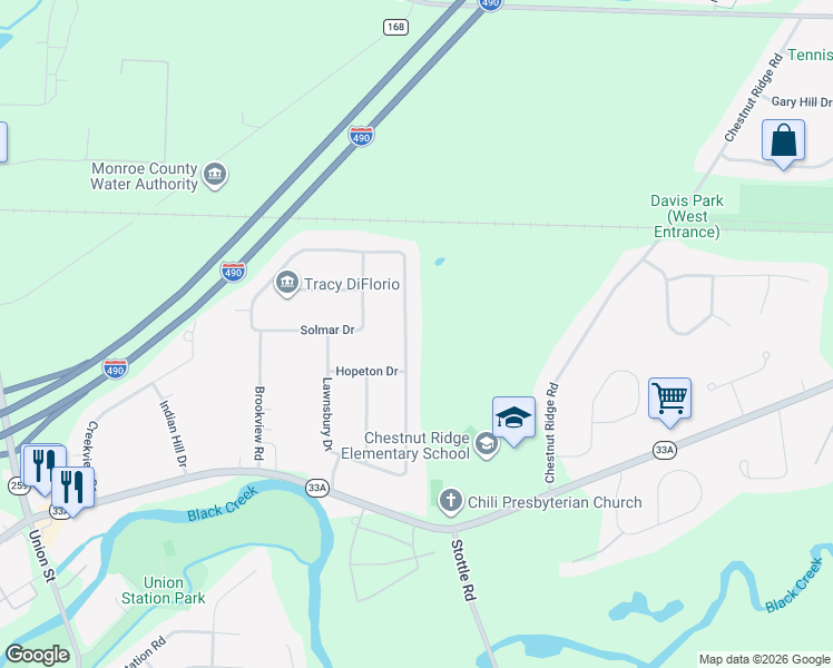 map of restaurants, bars, coffee shops, grocery stores, and more near 106 Hillary Drive in Rochester