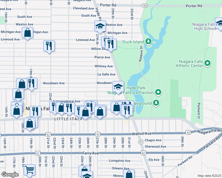 map of restaurants, bars, coffee shops, grocery stores, and more near 2750 Forest Avenue in Niagara Falls