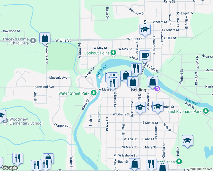 map of restaurants, bars, coffee shops, grocery stores, and more near 101 North Front Street in Belding