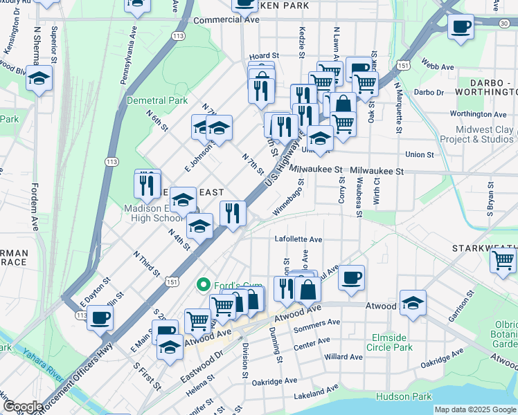 map of restaurants, bars, coffee shops, grocery stores, and more near 2402 Winnebago Street in Madison