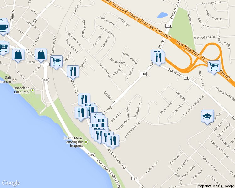 map of restaurants, bars, coffee shops, grocery stores, and more near 309 Electronics Parkway in Liverpool