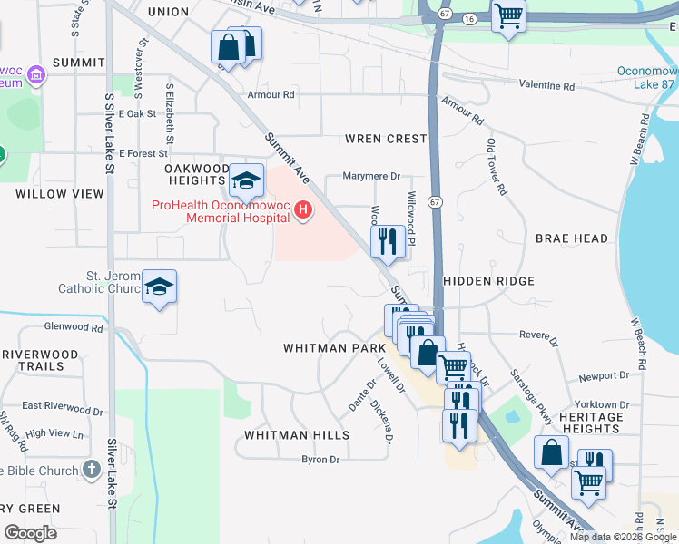 map of restaurants, bars, coffee shops, grocery stores, and more near 919 Summit Avenue in Oconomowoc
