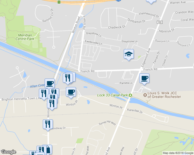 map of restaurants, bars, coffee shops, grocery stores, and more near 629 French Road in Rochester