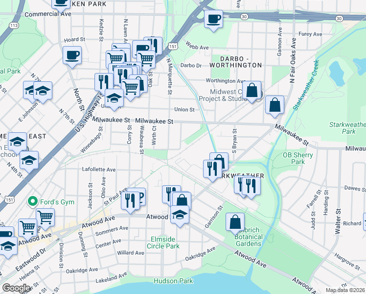 map of restaurants, bars, coffee shops, grocery stores, and more near 53 Dixon Street in Madison