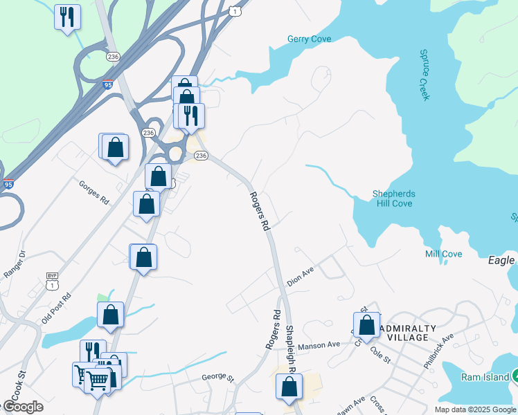 map of restaurants, bars, coffee shops, grocery stores, and more near 132 Rogers Road in Kittery