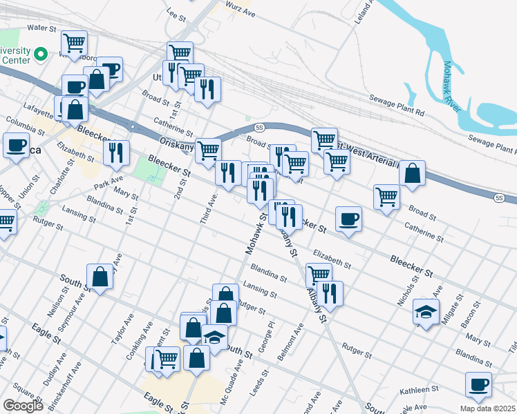 map of restaurants, bars, coffee shops, grocery stores, and more near 635 Elizabeth Street in Utica